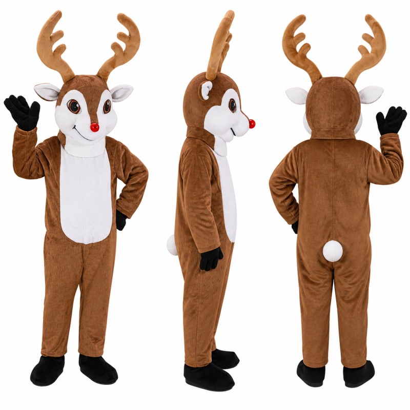 Reindeer Mascot Costume in Brown with White Belly and Red Nose Adult