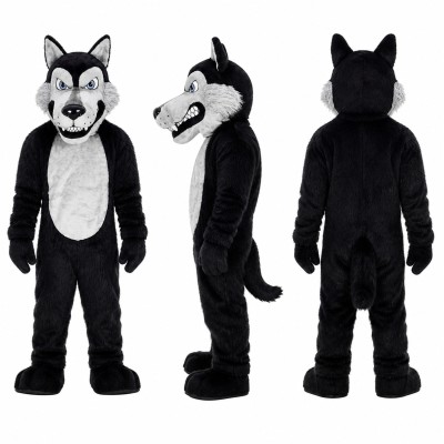 Wolf Mascot Costume in Black and Gray with White Belly Adult