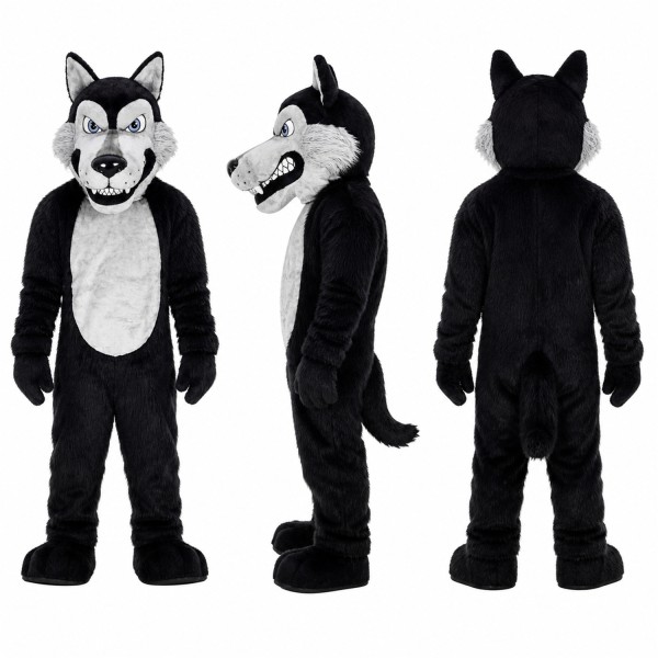 Wolf Mascot Costume in Black and Gray with White Belly Adult