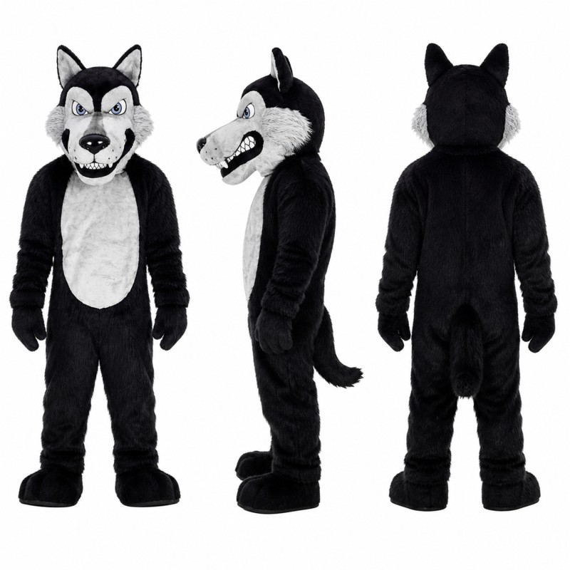Wolf Mascot Costume in Black and Gray with White Belly Adult