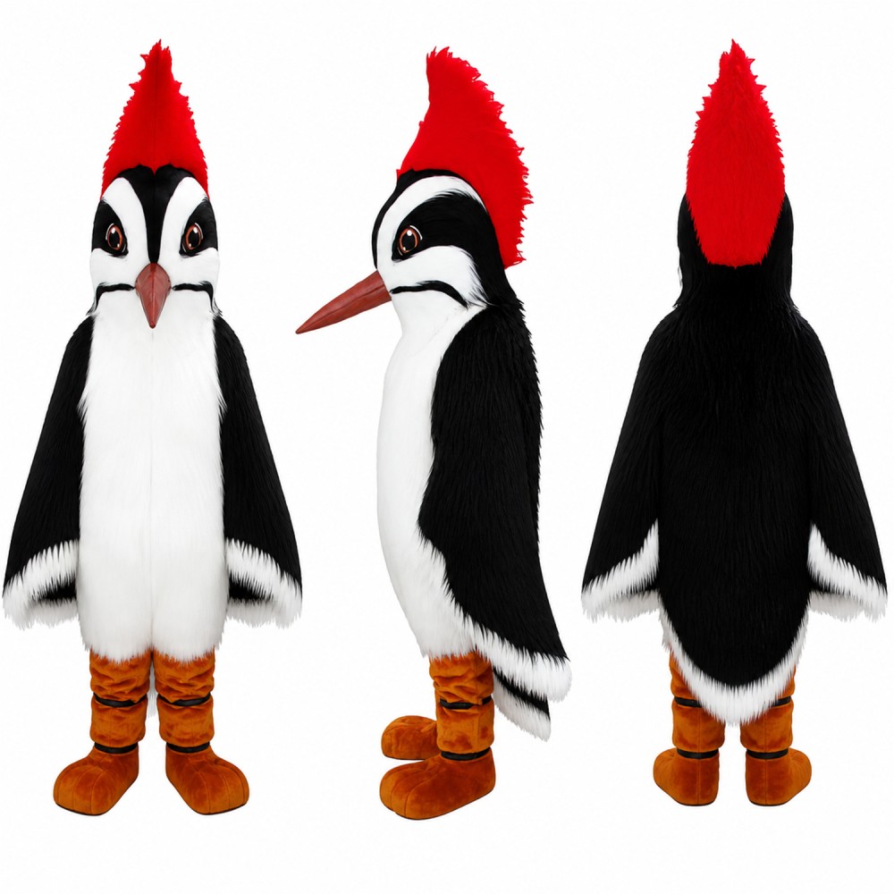 Woodpecker Mascot Costume in Black and White with Red Crest Adult Woodpecker Mascot Costume in Black and White with Red Crest Adult