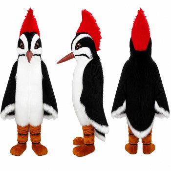 Woodpecker Mascot Costume in Black and White with Red Crest Adult