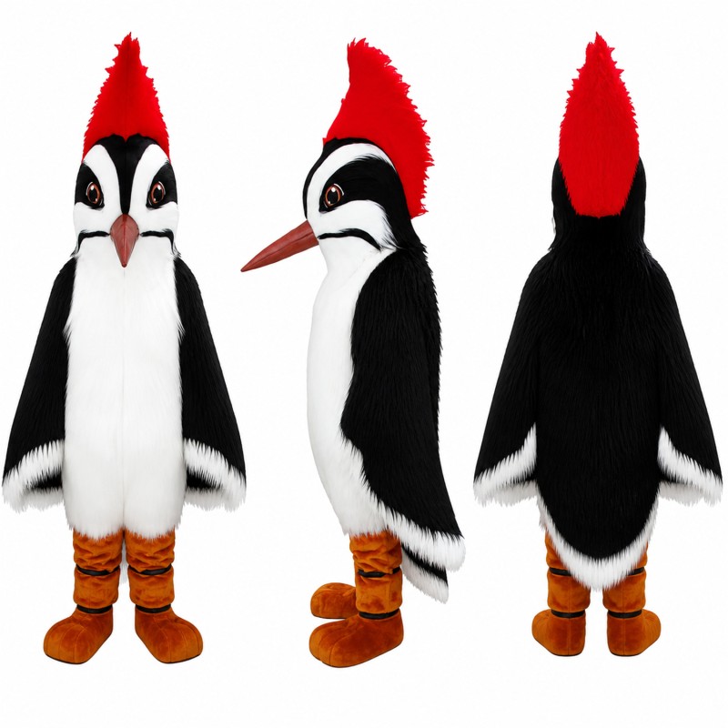 Woodpecker Mascot Costume in Black and White with Red Crest Adult