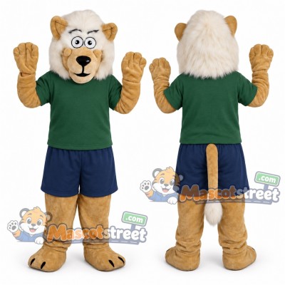 Beige Lion Mascot Costume with Green Shirt and Navy Shorts