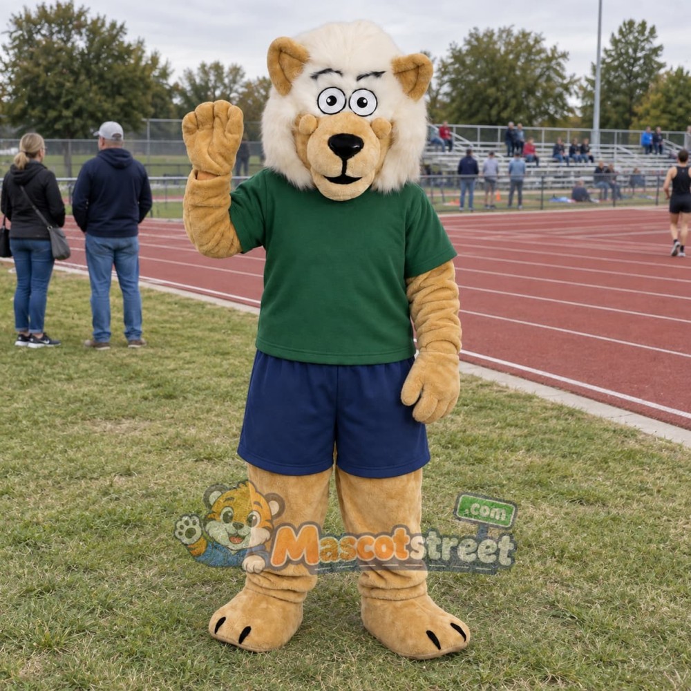 Beige Lion Mascot Costume with Green Shirt and Navy Shorts