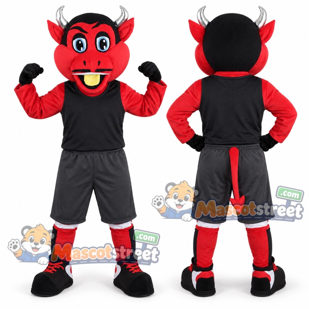 Red Devil Mascot Costume with Black Sports Uniform Red Devil Mascot Costume with Black Sports Uniform