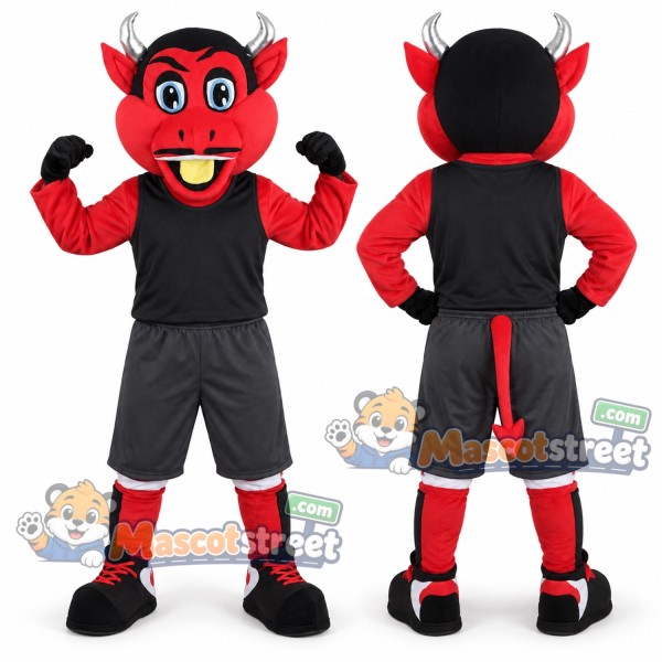 Red Devil Mascot Costume with Black Sports Uniform