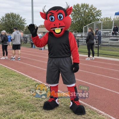 Red Devil Mascot Costume with Black Sports Uniform Red Devil Mascot Costume with Black Sports Uniform