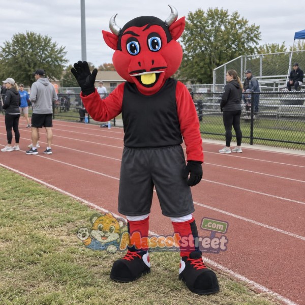 Red Devil Mascot Costume with Black Sports Uniform