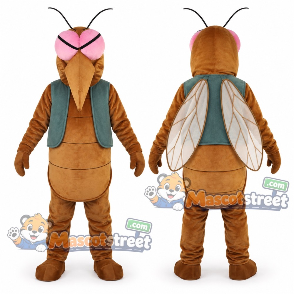 Brown Mosquito Mascot Costume with Wings and Teal Vest