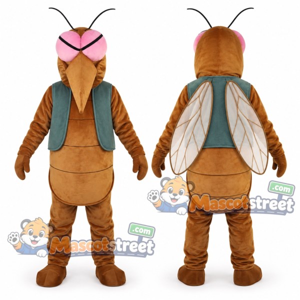 Brown Mosquito Mascot Costume with Wings and Teal Vest