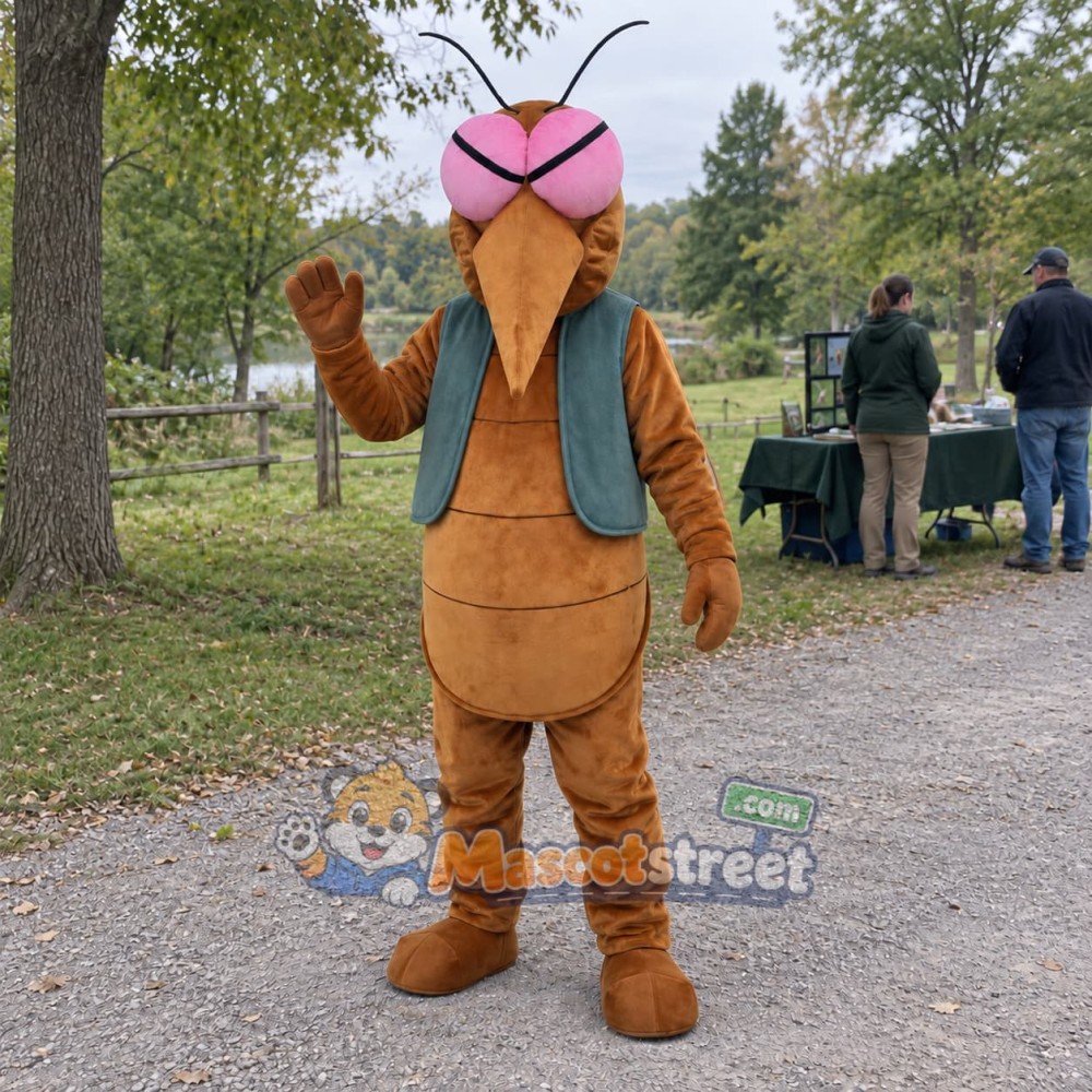 Brown Mosquito Mascot Costume with Wings and Teal Vest