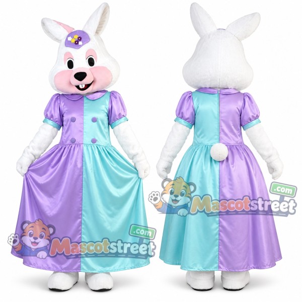 White Bunny Princess Mascot Costume in Purple and Aqua Dress
