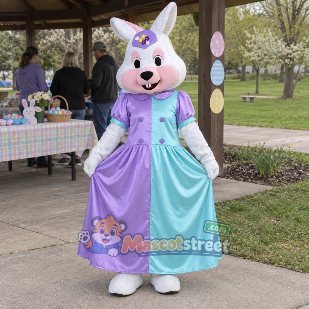 White Bunny Princess Mascot Costume in Purple and Aqua Dress