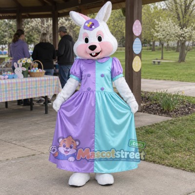 White Bunny Princess Mascot Costume in Purple and Aqua Dress