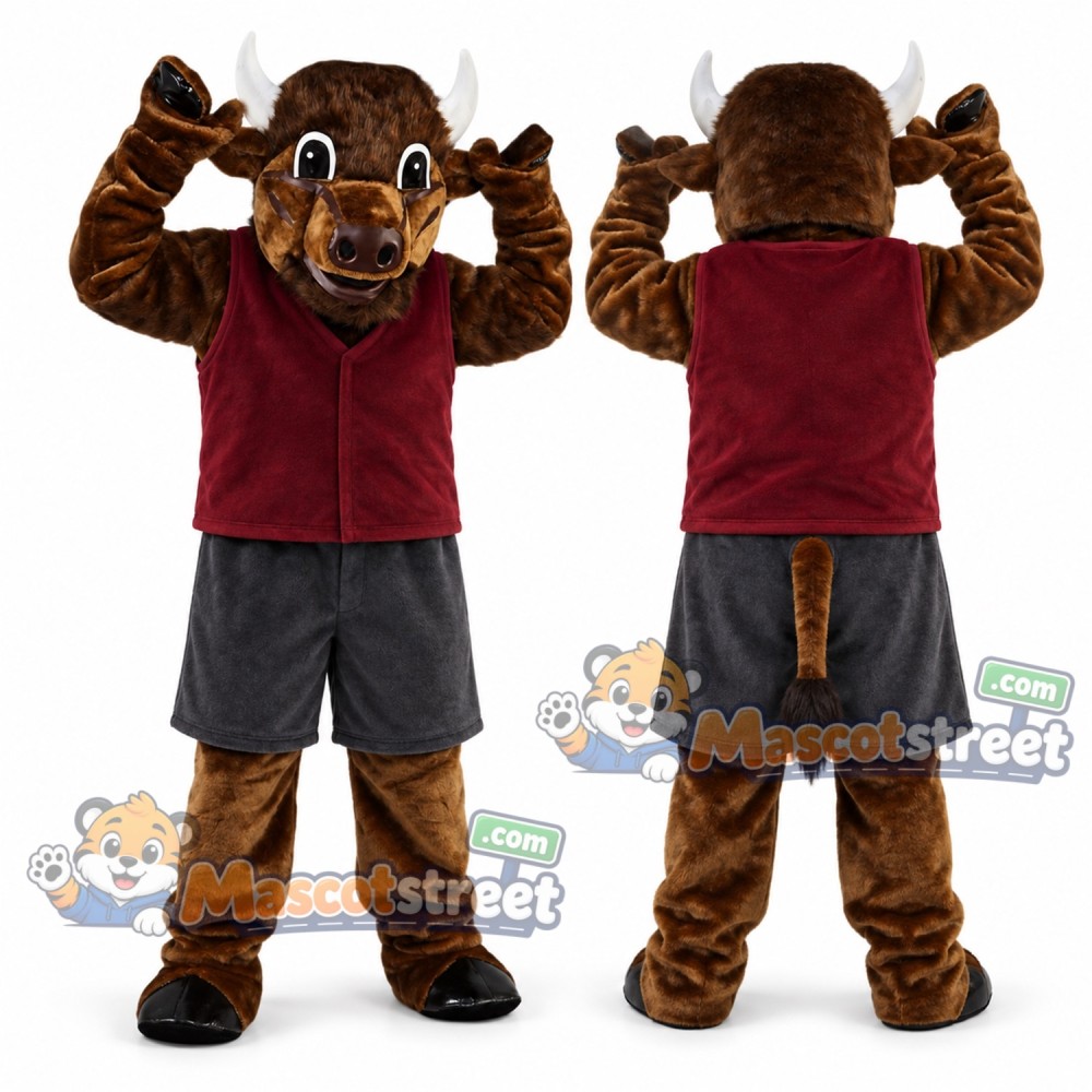 Brown Bull Mascot Costume with Burgundy Vest and Gray Shorts