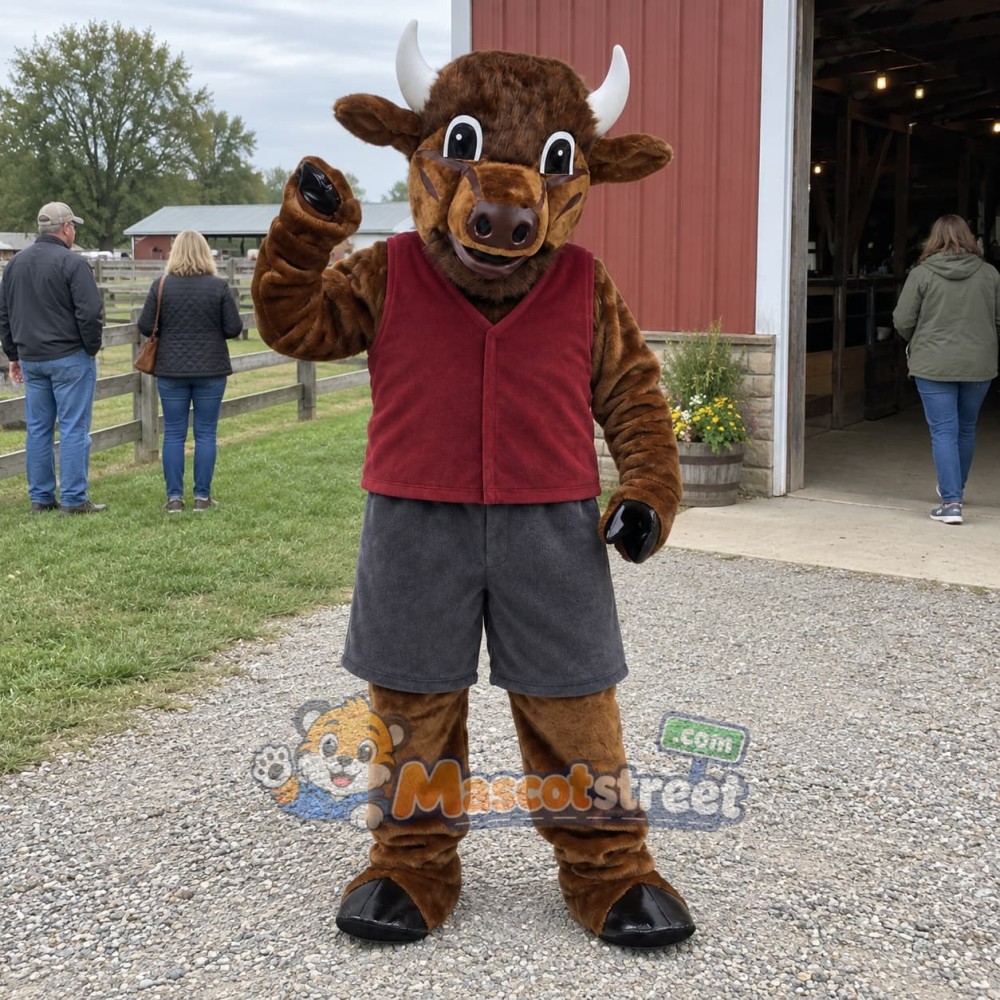 Brown Bull Mascot Costume with Burgundy Vest and Gray Shorts