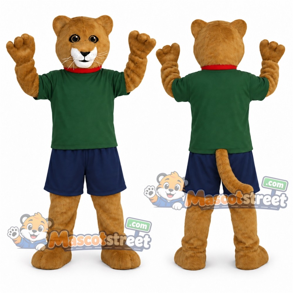 Brown Cat Mascot Costume with Green Shirt and Navy Shorts