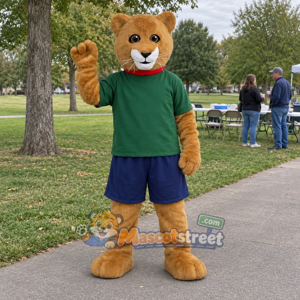 Brown Cat Mascot Costume with Green Shirt and Navy Shorts