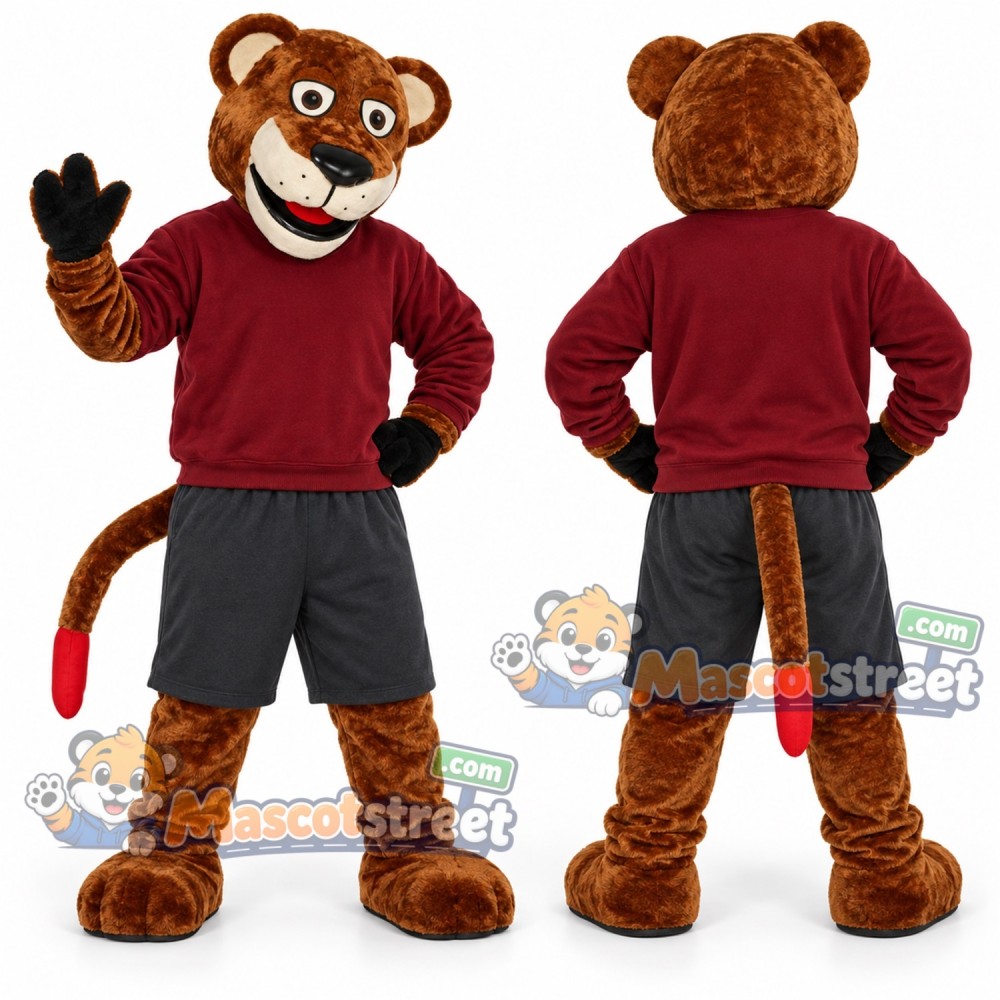 Brown Wildcat Mascot Costume with Burgundy Sweatshirt Brown Wildcat Mascot Costume with Burgundy Sweatshirt