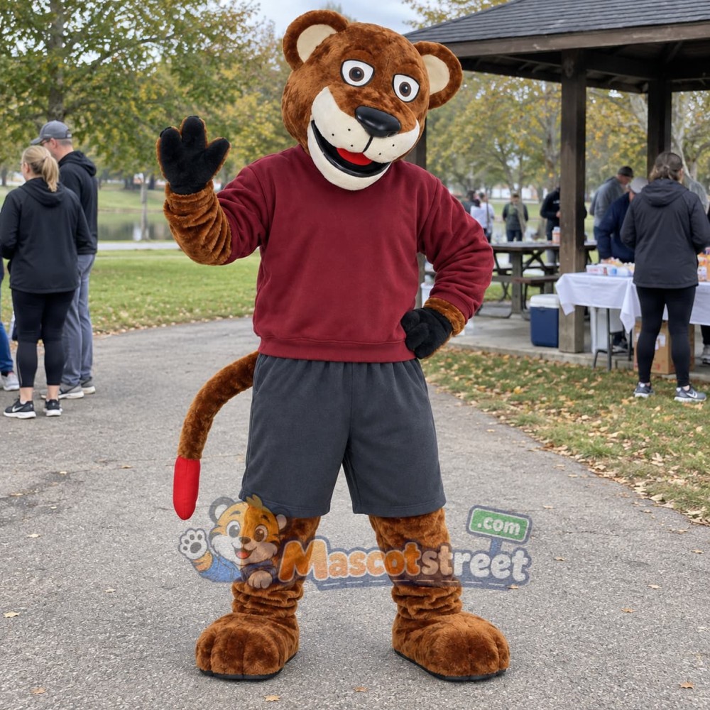 Brown Wildcat Mascot Costume with Burgundy Sweatshirt Brown Wildcat Mascot Costume with Burgundy Sweatshirt