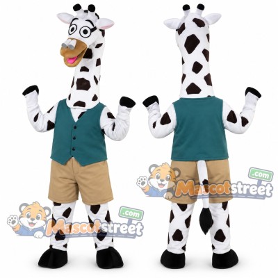 White and Brown Giraffe Mascot Costume with Teal Vest White and Brown Giraffe Mascot Costume with Teal Vest