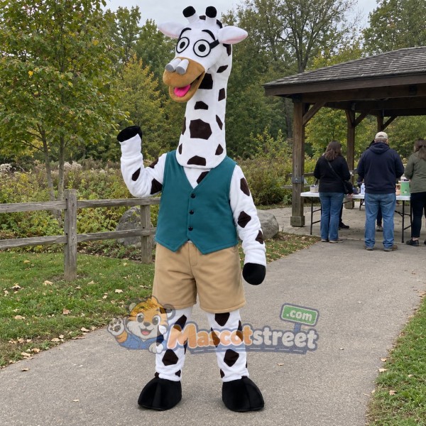 White and Brown Giraffe Mascot Costume with Teal Vest