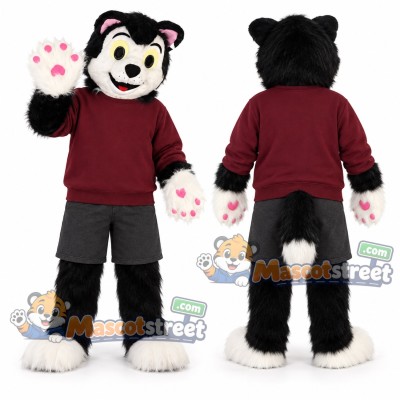 Black and White Cat Mascot Costume with Burgundy Sweatshirt Black and White Cat Mascot Costume with Burgundy Sweatshirt