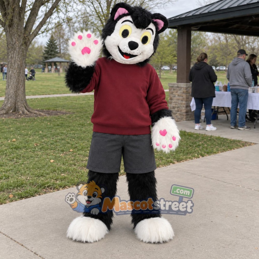 Black and White Cat Mascot Costume with Burgundy Sweatshirt Black and White Cat Mascot Costume with Burgundy Sweatshirt