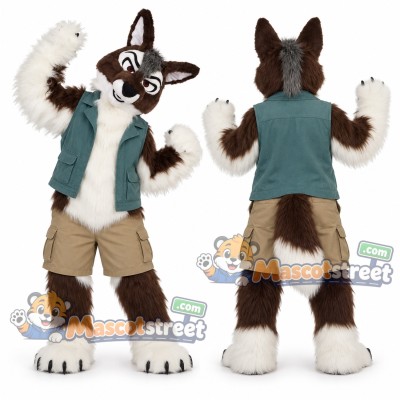 Brown and White Wolf Mascot Costume with Teal Vest