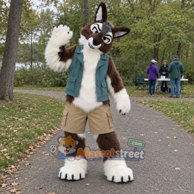 Brown and White Wolf Mascot Costume with Teal Vest
