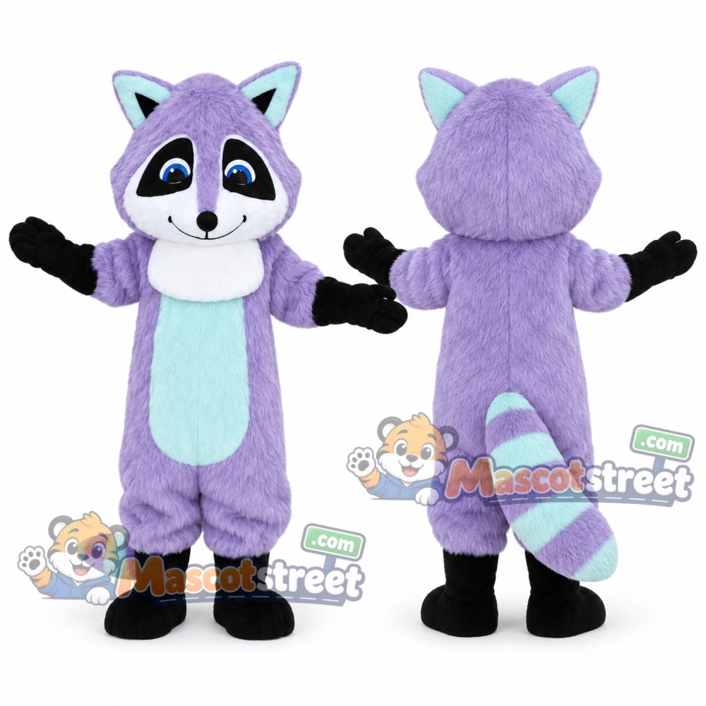 Purple Raccoon Mascot Costume with Aqua Striped Tail