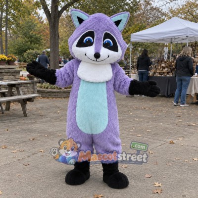 Purple Raccoon Mascot Costume with Aqua Striped Tail