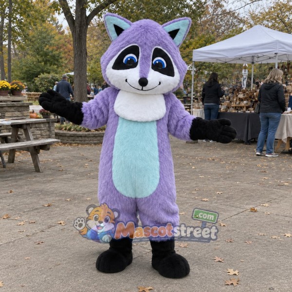 Purple Raccoon Mascot Costume with Aqua Striped Tail
