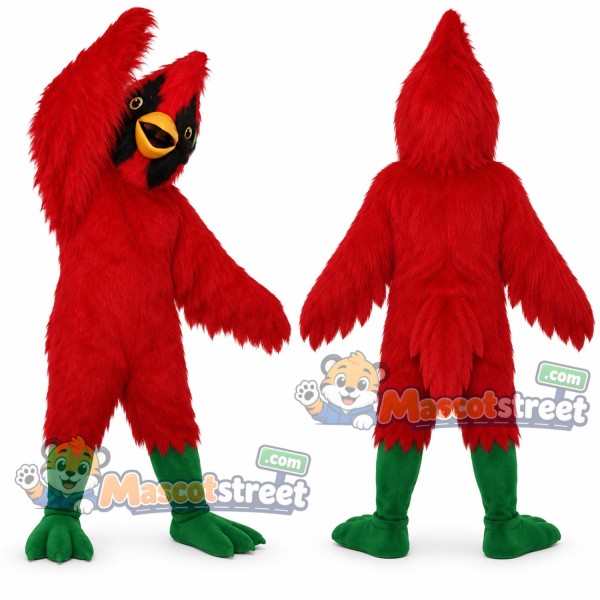 Red Cardinal Bird Mascot Costume with Yellow Beak and Green Feet