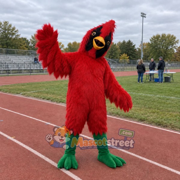Red Cardinal Bird Mascot Costume with Yellow Beak and Green Feet