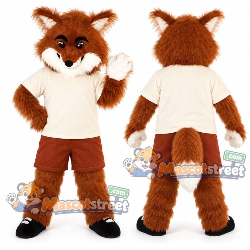 Orange Fox Mascot Costume with Cream Shirt and Brown Shorts Orange Fox Mascot Costume with Cream Shirt and Brown Shorts