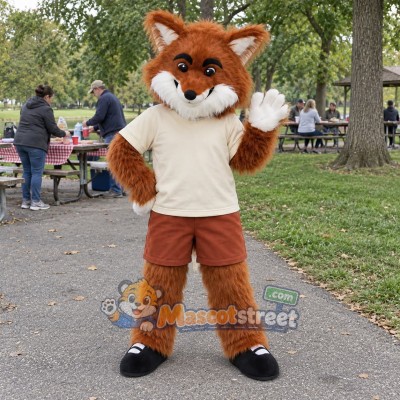 Orange Fox Mascot Costume with Cream Shirt and Brown Shorts Orange Fox Mascot Costume with Cream Shirt and Brown Shorts