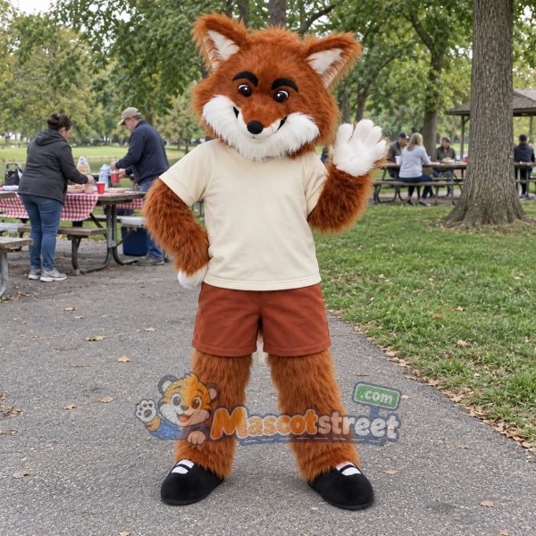 Orange Fox Mascot Costume with Cream Shirt and Brown Shorts