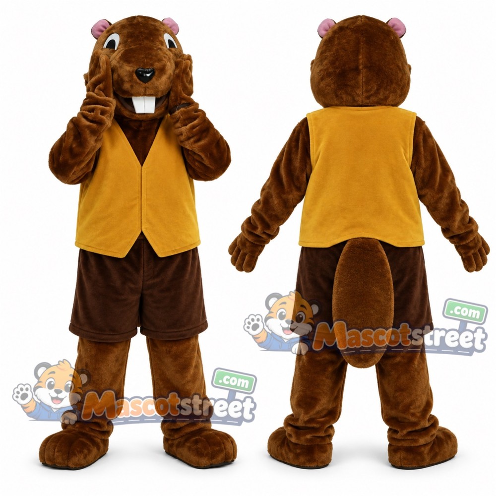 Brown Beaver Mascot Costume with Yellow Vest