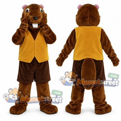 Brown Beaver Mascot Costume with Yellow Vest