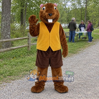 Brown Beaver Mascot Costume with Yellow Vest
