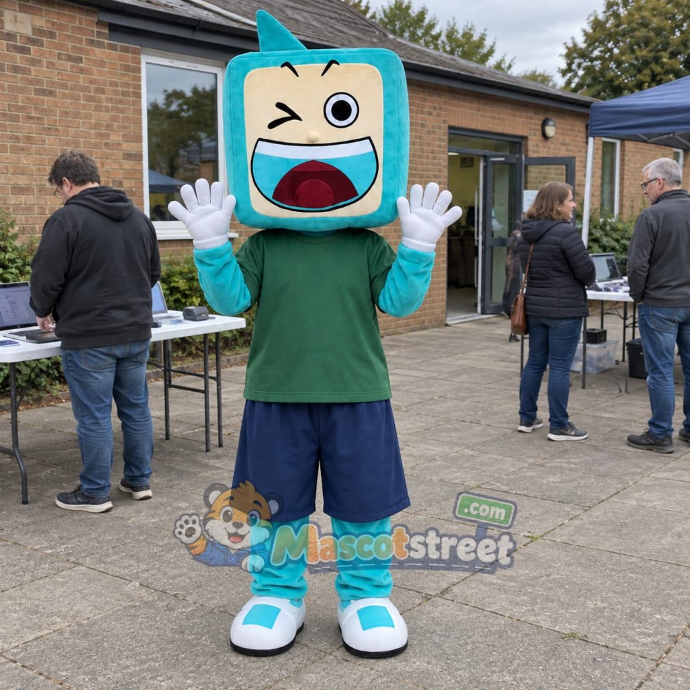Turquoise TV Mascot Costume with Green Shirt