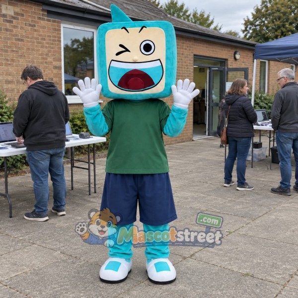 Turquoise TV Mascot Costume with Green Shirt