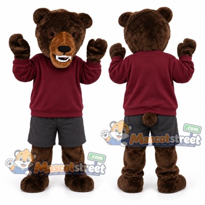 Brown Bear Mascot Costume with Burgundy Sweatshirt Brown Bear Mascot Costume with Burgundy Sweatshirt