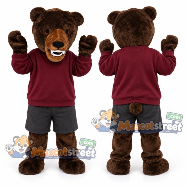 Brown Bear Mascot Costume with Burgundy Sweatshirt