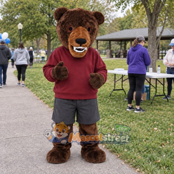 Brown Bear Mascot Costume with Burgundy Sweatshirt