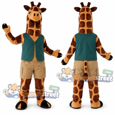 Giraffe Mascot Costume with Teal Vest and Khaki Shorts Giraffe Mascot Costume with Teal Vest and Khaki Shorts