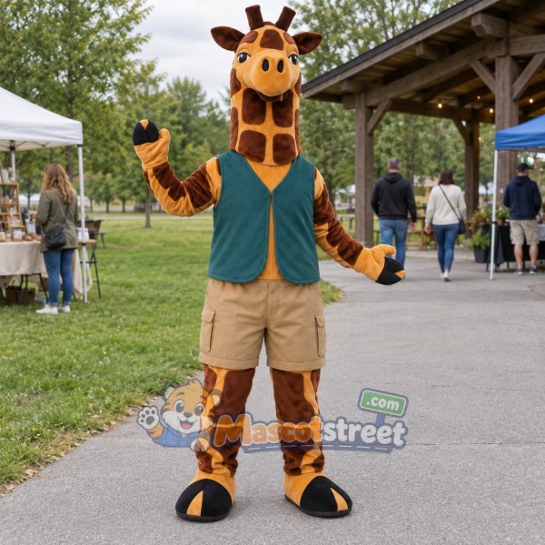 Giraffe Mascot Costume with Teal Vest and Khaki Shorts