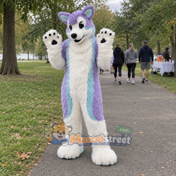 Purple and White Wolf Mascot Costume